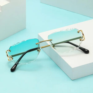 Rimless Silver Square Sunglasses UV400 Ladies Diamond Cut
